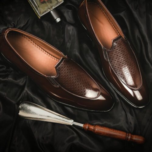 Men Brown Textured Patent Leather Loafers