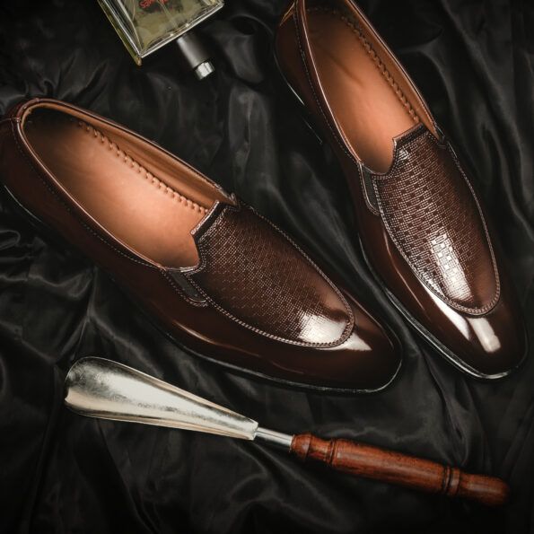 Men Brown Textured Patent Leather Loafers